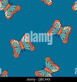 Seamless vector pattern with butterflies on blue background. Simple vintage summer wallpaper design. Romantic fashion textile. Stock Vector