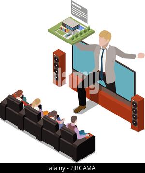 Online presentation remote work composition with home cinema and man running out screen vector illustration Stock Vector