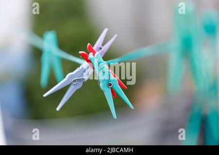 colored clothespins on a line Stock Photo