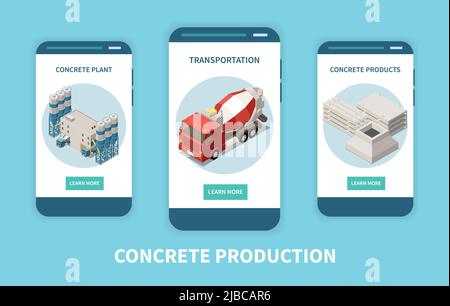 Concrete cement production isometric vertical banner set with concrete plant transportation and products headlines vector illustration Stock Vector