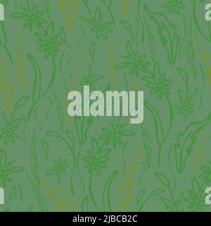 Seamless vector pattern with flower meadow texture on green background. Simple grass wallpaper design. Soft summer field fashion textile. Stock Vector