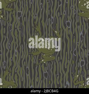Seamless vector pattern with tree frog on brown background. Simple animal texture wallpaper design. Decorative camouflage fashion textile. Stock Vector