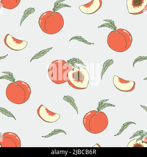Seamless vector pattern with peaches on grey background. Simple summer fruit wallpaper design. Decorative sweet food fashion textile. Stock Vector