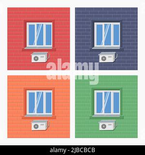 seamless pattern air conditioner on red green blue orange building facade with windows vector flat illustration Stock Vector