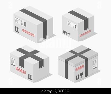 isometric cardboard box packages parcel detailed set vector flat illustration Stock Vector