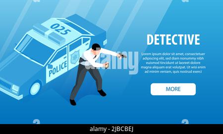 Isometric police horizontal banner with more button editable text and patrol car with character of officer vector illustration Stock Vector