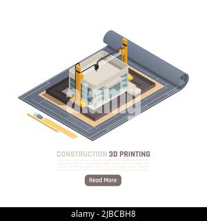 3d printing isometric composition with plan of building construction vector illustration Stock Vector