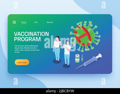 Vaccination isometric web site landing page with images of virus vaccine medical specialists links and text vector illustration Stock Vector
