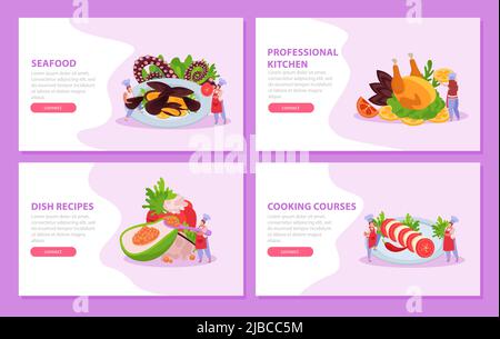 Professional kitchen flat 4x1 set of horizontal banners with gourmet dishes cooking courses ad and text vector illustration Stock Vector