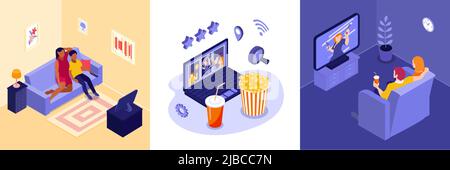 Online cinema design concept with video selection symbols isometric isolated vector illustration Stock Vector