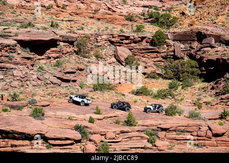 Jeeps off roading near Moab in Utah, USA. Stock Photo