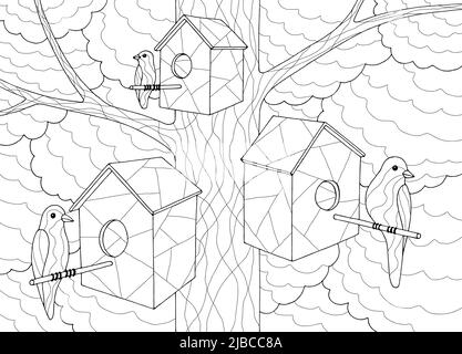 Birds coloring sitting on tree birdhouse graphic black white sketch illustration vector Stock Vector