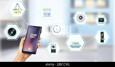 Smart home devices climate security control hand holding smartphone realistic schema against fuzzy interior background vector illustration Stock Vector