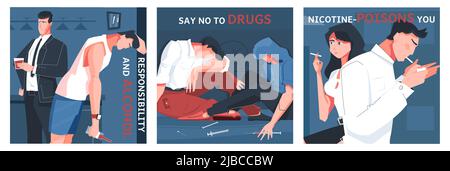 Addiction set with three square compositions of text and people addicted to drugs alcohol and smoking vector illustration Stock Vector