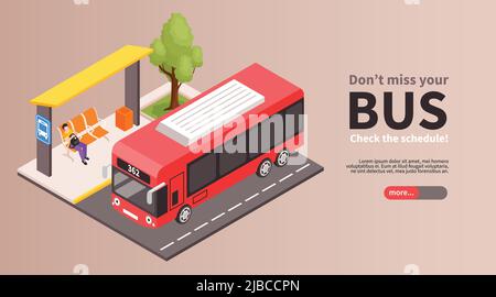 Isometric city public transport stop horizontal banner with editable text slider more button and bus stop vector illustration Stock Vector