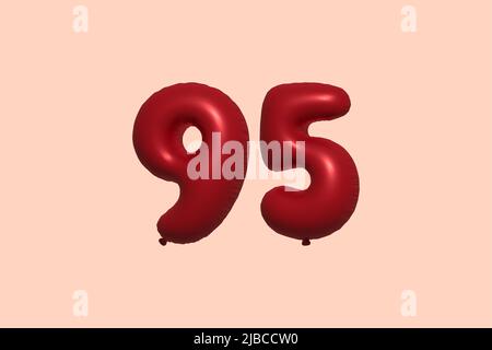 95 3d number balloon made of realistic metallic air balloon 3d rendering. 3D Red helium balloons for sale decoration Party Birthday, Celebrate anniversary, Wedding Holiday. Vector illustration Stock Vector