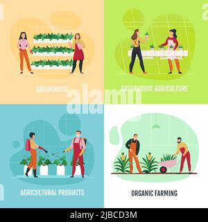 Flat 2x2 icons set with people planting and watering vegetables fruit flowers in greenhouse isolated vector illustration Stock Vector