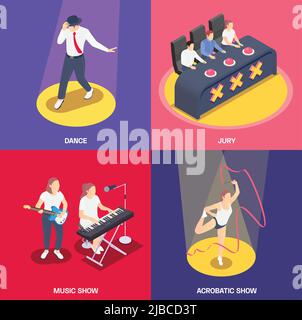 2x2 isometric icons set with jury people singing and dancing at talent contest 3d isolated vector illustration Stock Vector