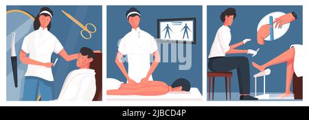 Cosmetology man set of three square compositions with clinic scenery and male clients at cosmetic procedures vector illustration Stock Vector