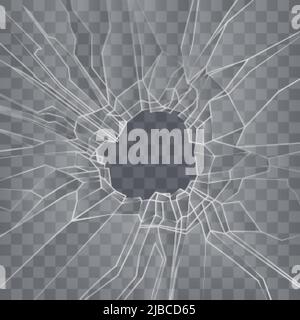 Bullet hole broken glass composition on transparent background with realistic jagged shards of shot glass surface vector illustration Stock Vector