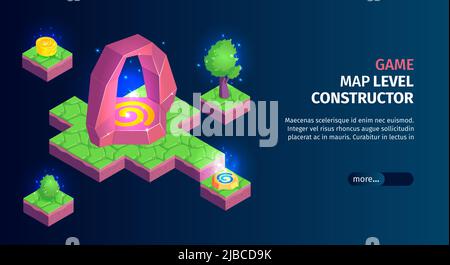 Isometric game landscape horizontal banner with editable text more button and platforms with gaming map constructor vector illustration Stock Vector
