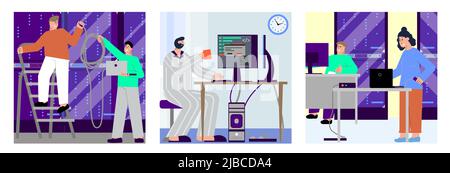 It specialist set of square compositions with flat characters of technical specialists near servers and workplaces vector illustration Stock Vector
