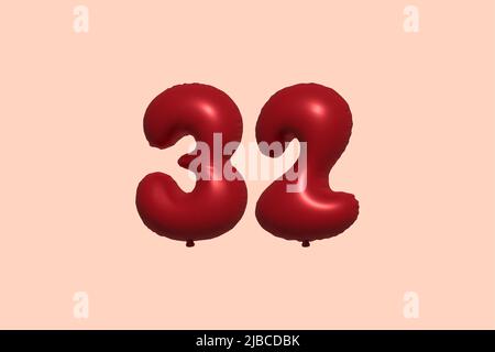 32 3d number balloon made of realistic metallic air balloon 3d rendering. 3D Red helium balloons for sale decoration Party Birthday, Celebrate anniversary, Wedding Holiday. Vector illustration Stock Vector