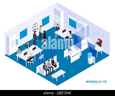 Isometric business office composition with view of stage building with characters of company employees at work vector illustration Stock Vector