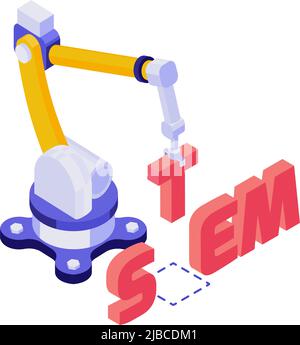 Automated robotic arm building word stem 3d isometric education concept vector illustration Stock Vector