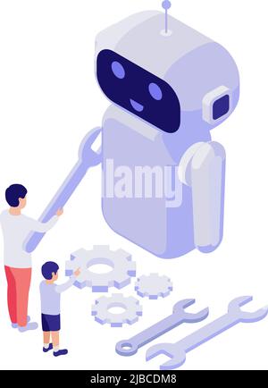 STEM education isometric concept with man and child constructing robot 3d vector illustration Stock Vector