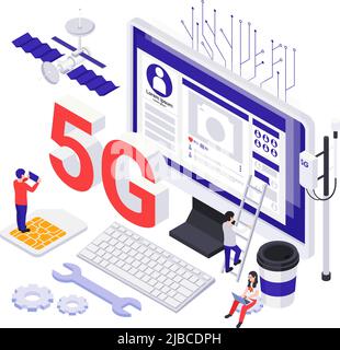 Modern internet technology isometric icons set of little characters with gadgets and big images of computer sim card and 5G text vector illustration Stock Vector