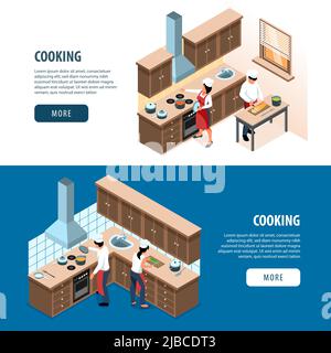 Isometric people cooking set of two horizontal banners with home kitchen cabinetry with cooks and text vector illustration Stock Vector