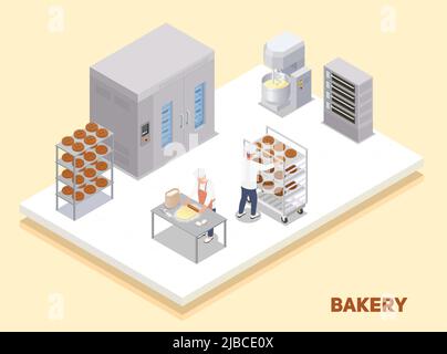 Bakery interior with oven shelves with bread and bakers at work isometric composition 3d vector illustration Stock Vector