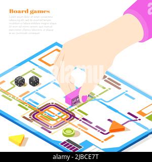 Board games isometric design concept with woman hand moving chip on playing field vector illustration Stock Vector