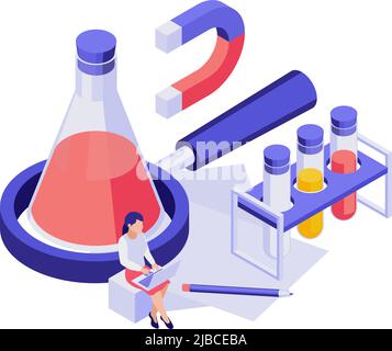 Isometric STEM education concept with girl and equipment for chemical experiment vector illustration Stock Vector