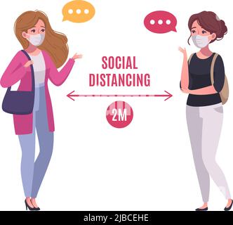 Social distancing concept with two people in masks greeting each other cartoon vector illustration Stock Vector