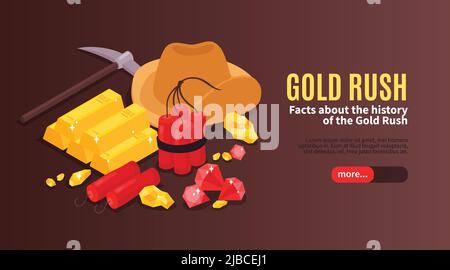 Isometric gold mining horizontal banner with images of vintage equipment explosives and gold bars with text vector illustration Stock Vector