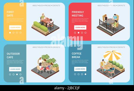 Four street cafe terrace isometric banner set with first date friendly meeting outdoor cafe coffee break headlines vector illustration Stock Vector