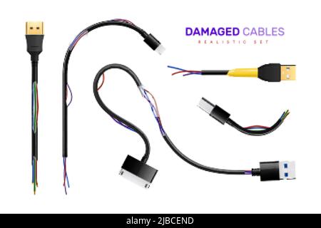 Set of isolated usb plug in cables damaged with realistic images of broken wires and connectors vector illustration Stock Vector