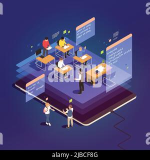 Online education isometric concept with students and teacher in classroom and charging electronic device 3d vector illustration Stock Vector