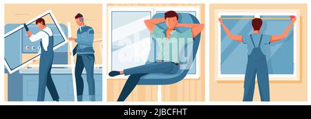Men installing new modern plastic windows and satisfied customer sitting in armchair flat isolated vector illustration Stock Vector
