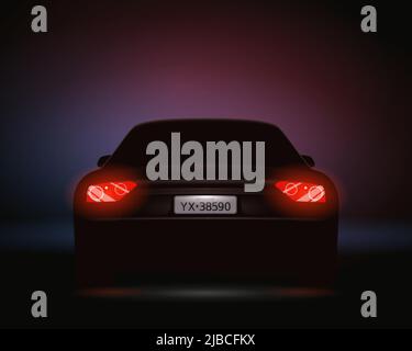 Realistic car number headlights night composition with rear view of automobile with license plate and backlight vector illustration Stock Vector