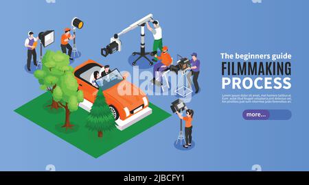 Isometric cinematography horizontal banner with film set elements shooting crew and editable text with more button vector illustration Stock Vector