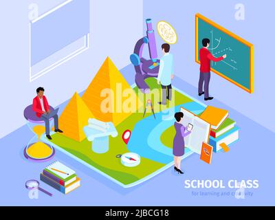 School history math lesson classes isometric composition  with teacher sitting on hourglass egyptian pyramids chalkboard vector illustration Stock Vector
