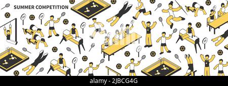 Summer competition isometric seamless pattern with judges and athletes playing football tennis swimming doing artistic gymnastics 3d vector illustrati Stock Vector