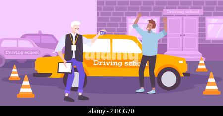 Driving school composition with exam success symbols flat vector illustration Stock Vector