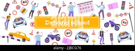 Driving school pattern with theory and training symbols flat vector illustration Stock Vector