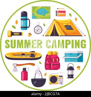 Cartoon composition with equipment for summer camping icons in circle on white background isolated vector illustration Stock Vector