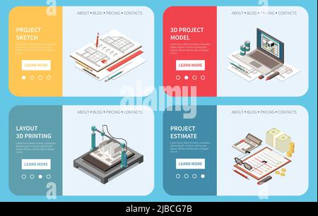 Set of four isometric architect horizontal banners with page switches learn more button and workspace elements vector illustration Stock Vector