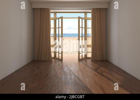 Unfurnished Hotel Room with Sea View near the Beach. Interior with Open Door Overlooking the Ocean, Beige Curtains, Yellow Sand and Clouds. Dark Parquet Floor and a Beige Stucco Walls. 3D rendering Stock Photo